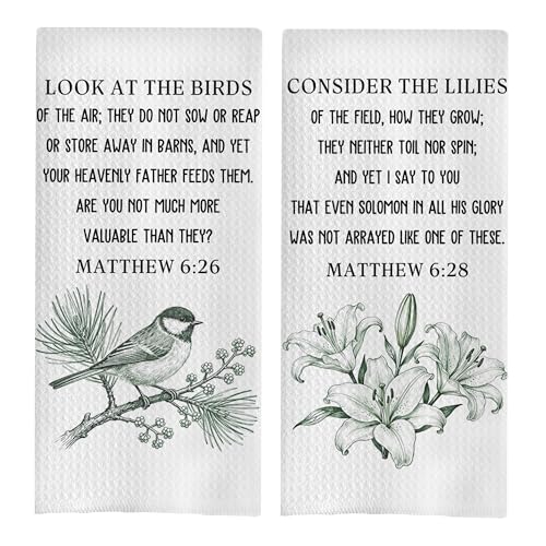 Bird Christian Kitchen Decor Set - Floral Christian Gifts Polyester Waffle Decorative Dish Towels, Bible Verse Gifts Hand Towels, Religious Tea Towel, 16x24 Set of 2 - color: Christian Kitchen Towels-14