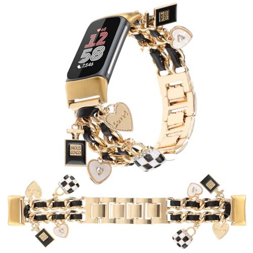 Stylish Metal Wristband Compatible with Fitbit Charge 6/Charge 5 Bands for Women,Cute Strap with Unique Love Cross Pendants Chain Charms Bracelet for Charge 5 6 Fitness Tracker - color: Gold+Black Leather