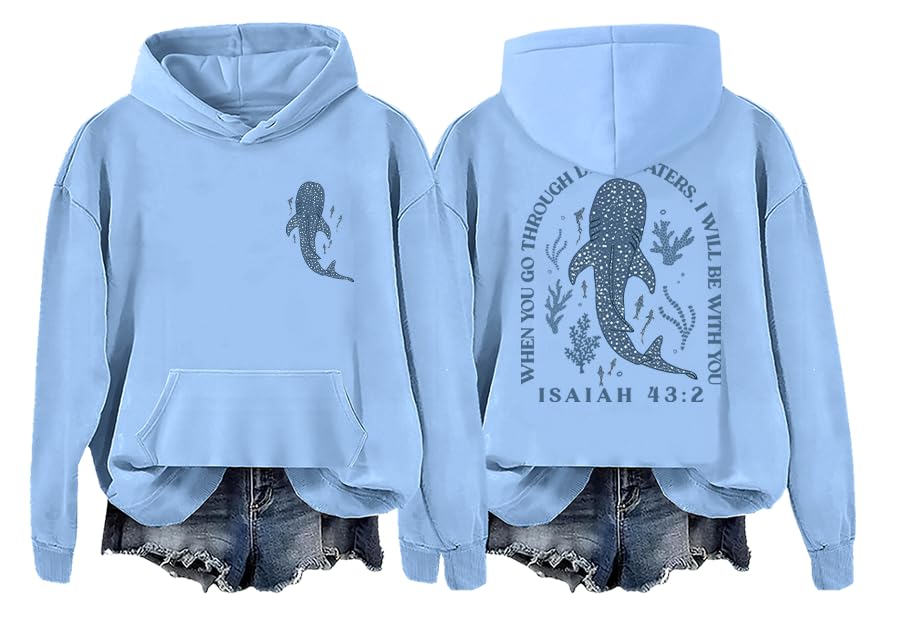 Christian Hoodie for women Whale Shark Beach Ocean Seaside Hoodies - color: Carolina Blue, size: Small