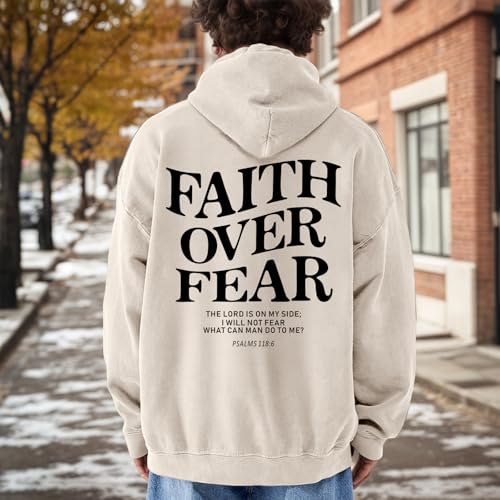 Christian Faith Over Fear Hoodies for Men Jesus Religious Graphic Sweatshirt Bible Verse Acid Wash Pullover Hoodie - color: Apricot, size: Large