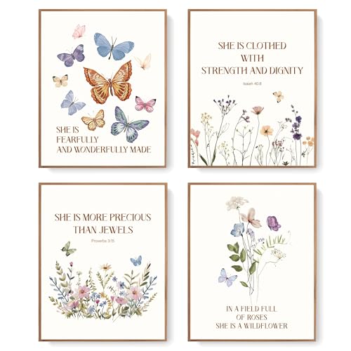 LARTSFRO Christian Wildflowers Nursery Wall Art Prints Set of 4, Bible Verse Scripture Butterfly Floral Artwork Posters Wall Decor for Baby Girls Nursery Room Bedroom Home, 8x10 Unframed - color: wildflower butterfly