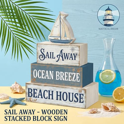 Britimes Tiered Tray Decor Set, 4 Pack, Wooden Table Sign, Nautical Ocean - style: Sailboat