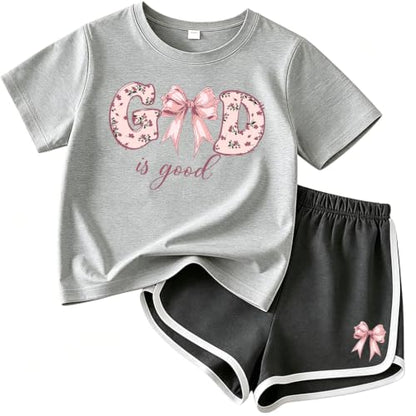 Eatbook Christian Girls Clothes 2 Pcs God is Good T-Shirt Bow Shorts Set - color: Grey, size: 7-8 Years