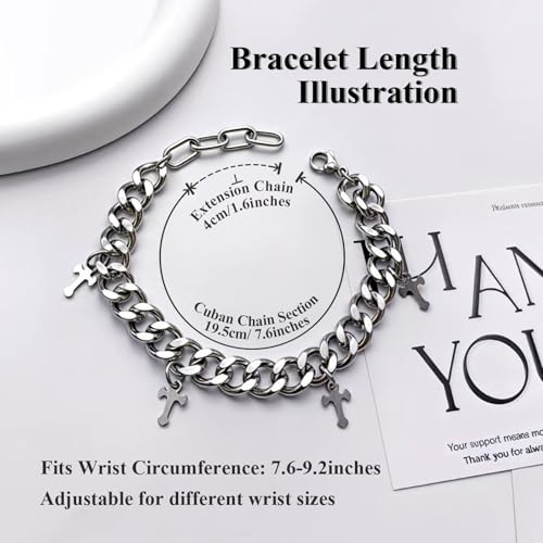 Silver Creed Cross Bracelet For Men Women, Adjustable Cuban Link Stainless Steel Chain Bracelets with Four Cross Charms, Religious Christian Gift for Boyfriend Dad and Son