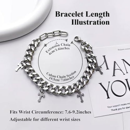 Silver Creed Cross Bracelet For Men Women, Adjustable Cuban Link Stainless Steel Chain Bracelets with Four Cross Charms, Religious Christian Gift for Boyfriend Dad and Son