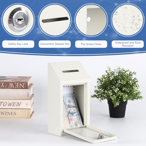 KYODOLED Metal Cash Box for Farm Stand, Money Drop Box with Lock & Slot - color: White, size: 10.24 x 5.7 x 2.95 Inch