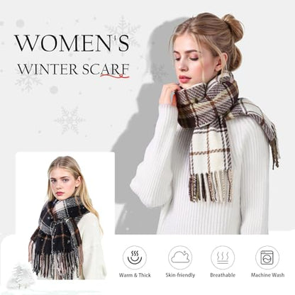 Clothirily Womens Winter Scarf, Oversized Long Blanket Plaid Shawl Wrap - color: Khaki & Black Plaid