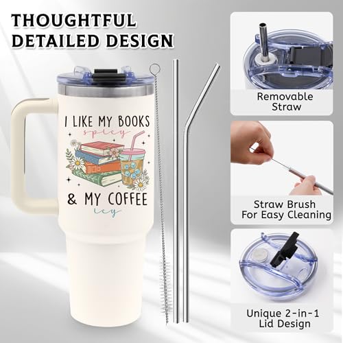 Book Lovers Gifts for Women, 40oz Tumbler with Handle & Straw - color: Bookcoffee-White