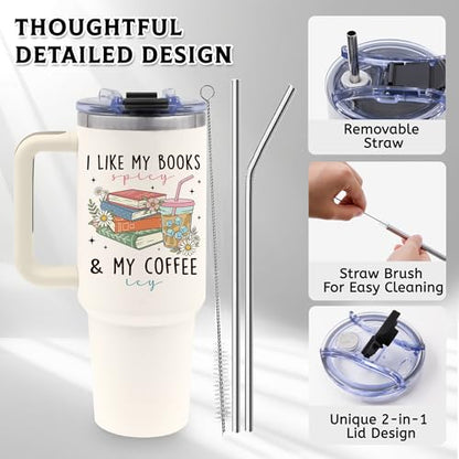 Book Lovers Gifts for Women, 40oz Tumbler with Handle & Straw - color: Bookcoffee-White