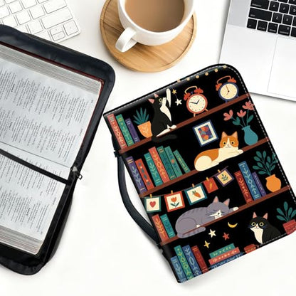 Bible Cover for Women Large PU Leather Zippered Bible Case with Handle and Cat Bookshelf Design, Christian Bible Bag for Girls & Women, Cover Fits Standard 9.5"x7.5"x2.3" Bible - color: Cat Bookshelf