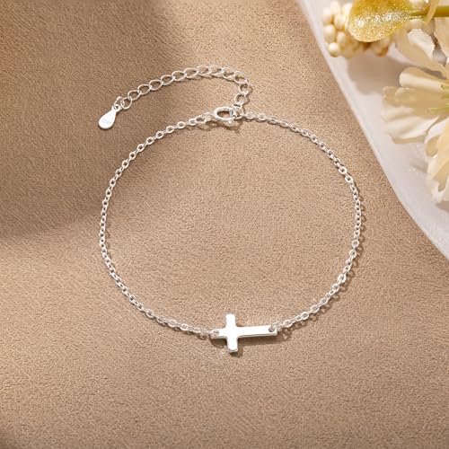 Moodear Cross Bracelet for Women, Dainty Sterling Silver/Gold Plated Gift - color: Sterling Silver Cross Bracelet