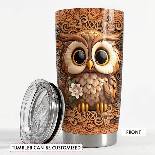 SANDJEST Personalized Owl Wood Drawings Tumbler 20oz 30oz Insulated Tumblers with Lid Coffee Travel Mug Cup for Women Owl Gifts for Birthday - color: Owl
