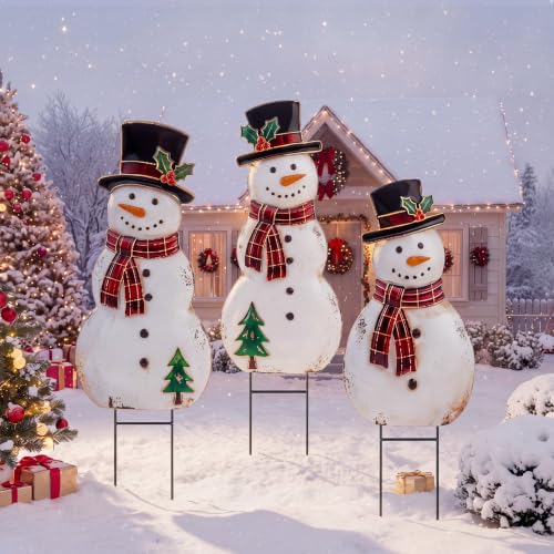 Amyhill 3 Pcs Christmas Outdoor Decor Snowman Metal Garden Stakes - style: Snowman