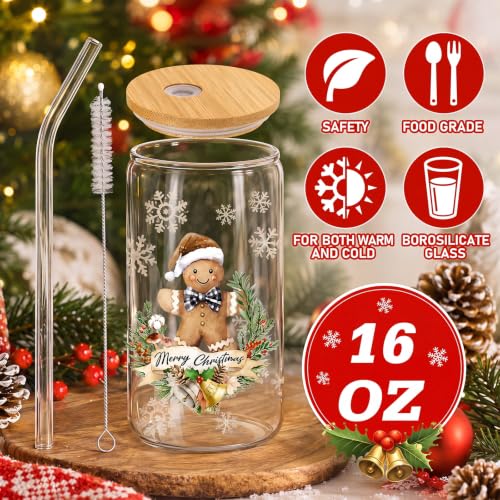 Teenyyou 12 Sets of Christmas Glasses Cups with Bamboo Lid and Glass Straw 16 oz Christmas Stripes Glass Jar Winter Drinking Cups Santa Snowman Elk Coffee Cup for Women Men Xmas Holiday Party Gifts - style: Wood Stripes