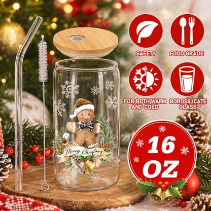 Teenyyou 12 Sets of Christmas Glasses Cups with Bamboo Lid and Glass Straw 16 oz Christmas Stripes Glass Jar Winter Drinking Cups Santa Snowman Elk Coffee Cup for Women Men Xmas Holiday Party Gifts - style: Wood Stripes