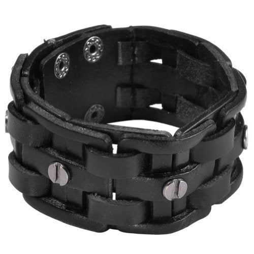 Zysta Cool Punk Rocker Wide Cuff Wristband Bracelet Mens Gothic Biker Braided Style Genuine Leather Bangle 8.5"-9" Adjustable Black/Brown - color: Black