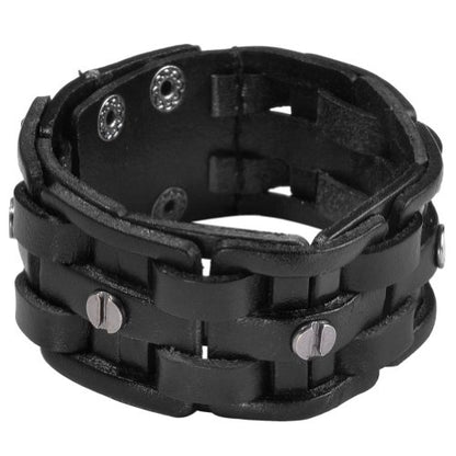 Zysta Cool Punk Rocker Wide Cuff Wristband Bracelet Mens Gothic Biker Braided Style Genuine Leather Bangle 8.5"-9" Adjustable Black/Brown - color: Black
