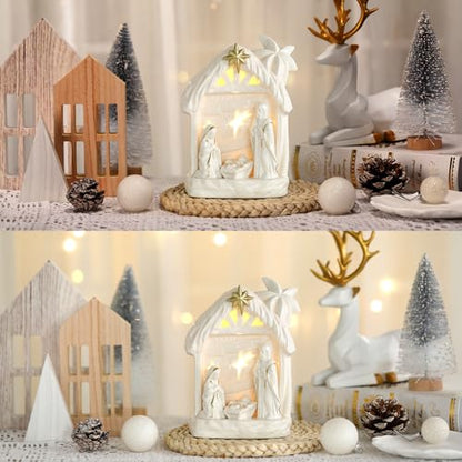 Cindeer Nativity Set for Christmas Indoor,Ceramic Nativity Scene with Light, Porcelain Statue Sculpted Hand Painted Figurine, Holy Family Manger Scene Tabletop Decor Gift (Elegant) - style: Elegant