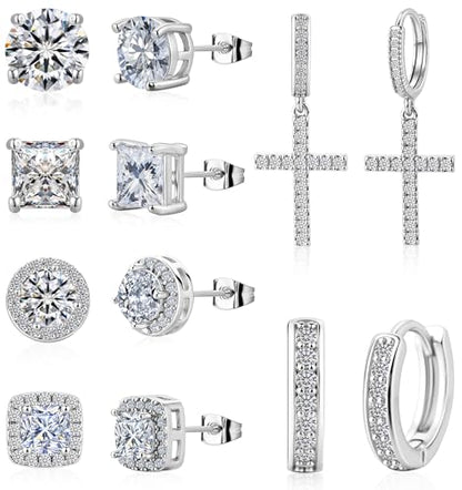 6 Pairs 14K Gold Plated Earrings Set for Women Men Hypoallergenic Cubic Zirconia Stud Hoop Dangle Cross Earrings - color: Silver