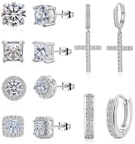 6 Pairs 14K Gold Plated Earrings Set for Women Men Hypoallergenic Cubic Zirconia Stud Hoop Dangle Cross Earrings - color: Silver