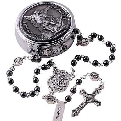 HanlinCC Catholic Rosary Saint Michael Hematite Bead Necklace with Gift Box