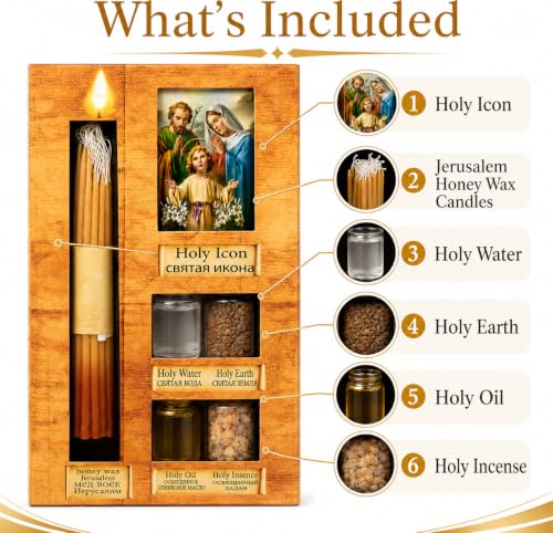 Zuluf Anointing Oil Gift Set Holy Icon Christian Keepsake from Jerusalem Bethlehem with Beeswax Candle, Holy Water, Blessed Earth, Olive Oil, Incense for Baptism, Christening, Godparent Faith Gift