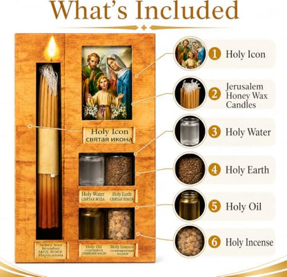 Zuluf Anointing Oil Gift Set Holy Icon Christian Keepsake from Jerusalem Bethlehem with Beeswax Candle, Holy Water, Blessed Earth, Olive Oil, Incense for Baptism, Christening, Godparent Faith Gift