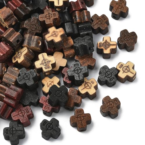 DanLingJewelry 80Pcs 4 Styles Wood Cross Shaped Beads Mini Wooden Crucifix Cross Spacer Beads for Rosary Jewelry Making DIY Crafts