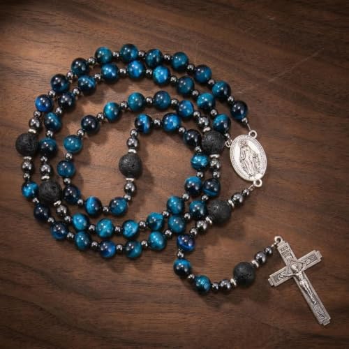 Nazareth Store Blue Tiger Eye Rosary Beads, Handmade Catholic Rosary Necklace with Lava Stone Beads and Our Father Crucifix, Five Decade Prayer Rosary, Religious Gift - style: Miraculous