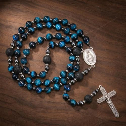 Nazareth Store Blue Tiger Eye Rosary Beads, Handmade Catholic Rosary Necklace with Lava Stone Beads and Our Father Crucifix, Five Decade Prayer Rosary, Religious Gift - style: Miraculous