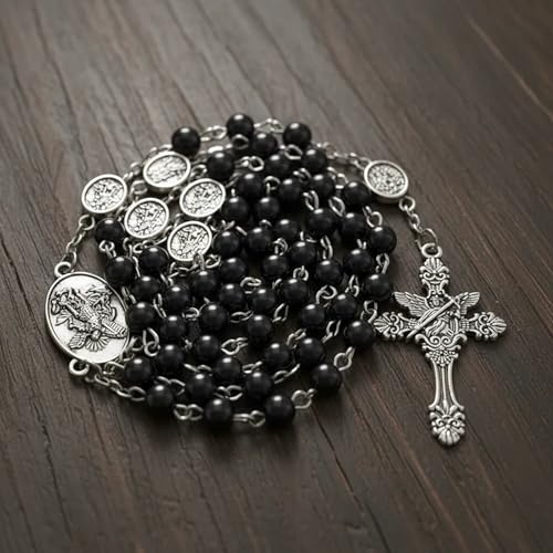 Nazareth Store St Michael Rosary Hematite Stone Beads Necklace Metal Beaded Glory Beads Archangel Medal & Cross with Metal Gift Box - color: Silver | St.Michael Cross