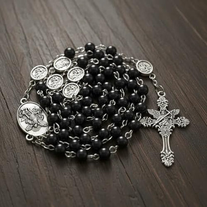Nazareth Store St Michael Rosary Hematite Stone Beads Necklace Metal Beaded Glory Beads Archangel Medal & Cross with Metal Gift Box - color: Silver | St.Michael Cross
