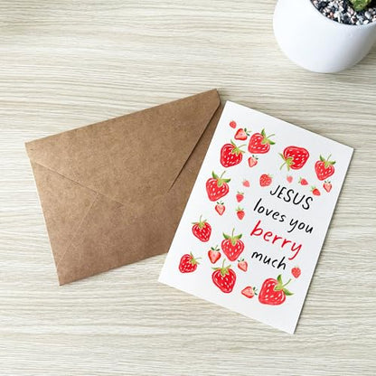 Jesus Loves You Berry Much Pun Card Sweet Christian Encouragement Cards Bible-Inspired Gift for Faith Prayer Friend Family Sunday School Student Bestie Coworker - color: Jesus Loves You Berry Much
