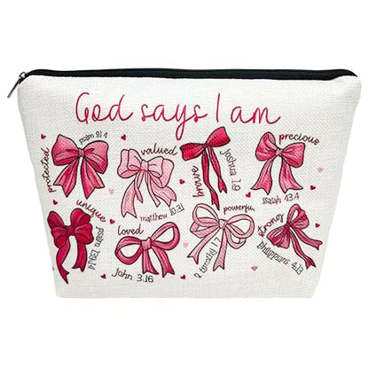 1 Pcs bow makeup bag inscribed with God Says I Am... and Bible verses a faith filled Christian inspirational gift for women 9.84x6.93x2.36 (Bow A) - color: Bow A