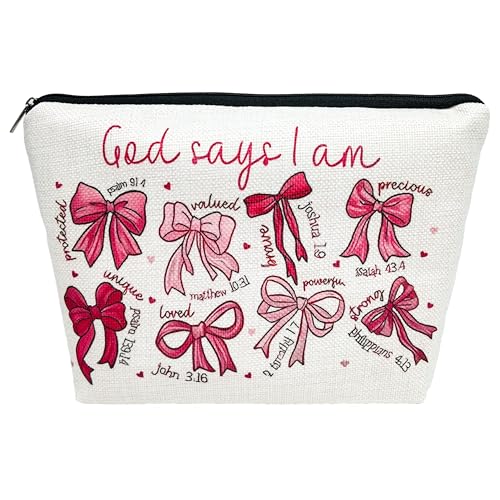 1 Pcs bow makeup bag inscribed with God Says I Am... and Bible verses a faith filled Christian inspirational gift for women 9.84x6.93x2.36 (Bow A) - color: Bow A
