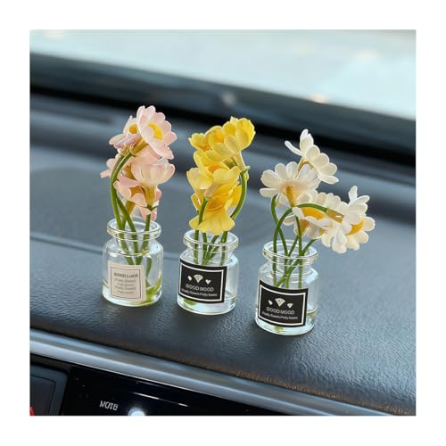 3PCS Daisy Flower Car Dashboard Decorations, Cute Mini Glass Vase Daisy Flower Vehicle Decor, Automotive Interior Aesthetic Dash Ornaments for Women Girl, Universal for SUV Truck Sedan