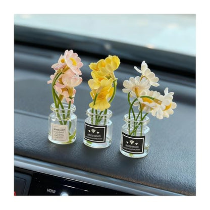 3PCS Daisy Flower Car Dashboard Decorations, Cute Mini Glass Vase Daisy Flower Vehicle Decor, Automotive Interior Aesthetic Dash Ornaments for Women Girl, Universal for SUV Truck Sedan