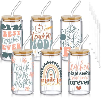SiliFine 6 Pcs Teacher Gift Glass Cups, 16 oz with Lids and Straws - style: Teacher