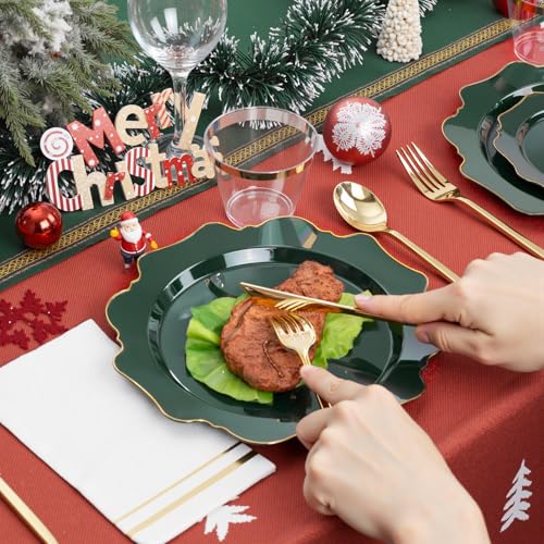 WDF 175Pcs Green Plastic Plates - Green Plates Disposable with Gold Rim - Christmas Plastic Plate - Fancy Disposable Dinnerware Sets 25 Guests Ideal for Party/Wedding/Birthday - color: Green and Gold, size: 175 pieces