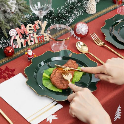 WDF 175Pcs Green Plastic Plates - Green Plates Disposable with Gold Rim - Christmas Plastic Plate - Fancy Disposable Dinnerware Sets 25 Guests Ideal for Party/Wedding/Birthday - color: Green and Gold, size: 175 pieces
