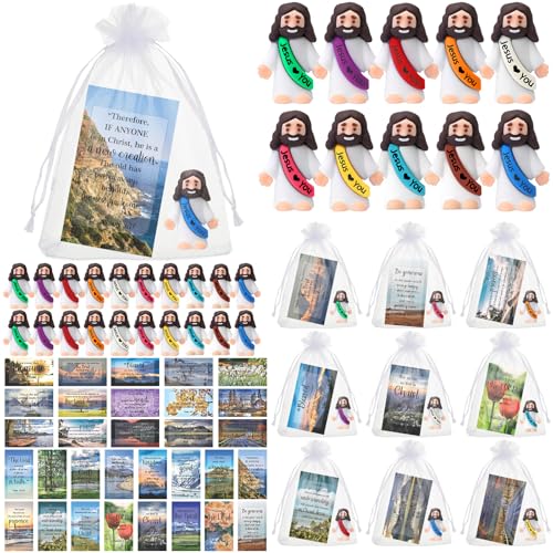 Bememo 50 Sets Christian Gifts Bulk Bible Verse Cards Include Little Jesus Figures Prayer Cards and Organza Bags for Religious Party Favors Sunday Baptism Gifts(Landscape Style,Bright) - color: Bright, style: Landscape Style