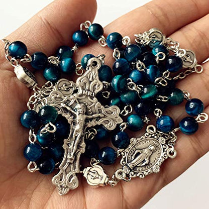 elegantmedical Handmade Blue Tiger Eye Beads Our Lady of Grace Rosary Cross Necklace Catholic Gifts