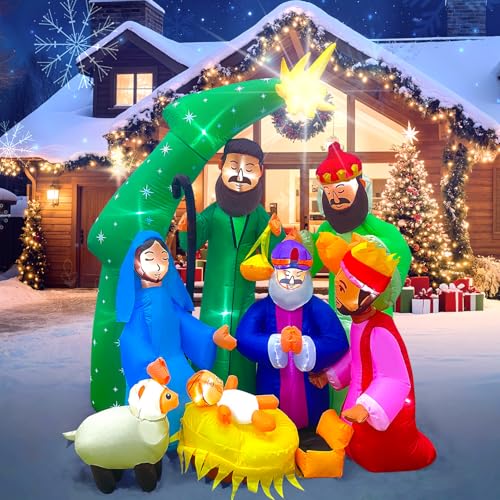 EAONE 7FT Christmas Inflatable Nativity Scene Outdoor Decorations, Christmas Blow Ups Yard Decorations Nativity Sets with 1.5 Meter String Lights for Garden Lawn Xmas Holiday Decor - color: 7 FT Wide Inflatable Nativity Scene