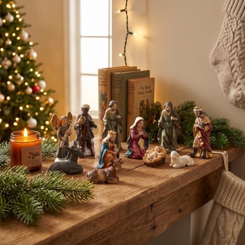 Tnfeeon 11 Pcs Christmas Indoor Resin Nativity Figurine Set Collectible Countertop Nativity Figures Miniature Statue Holy Family Decor
