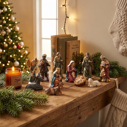 Tnfeeon 11 Pcs Christmas Indoor Resin Nativity Figurine Set Collectible Countertop Nativity Figures Miniature Statue Holy Family Decor