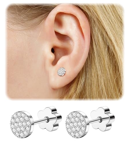 14K Gold Plated Small Stud Earrings for Girls Women Hypoallergenic Surgical Steel Cartilage Flat Back Stud Earrings CZ Cross Dot Bar Heart Handmade Screw Back Earrings Studs - color: Silver, style: Dot