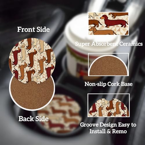 Ceramic Car Cup Coasters 2PCS - Retro Wiener Dog - color: Retro Wiener Dog