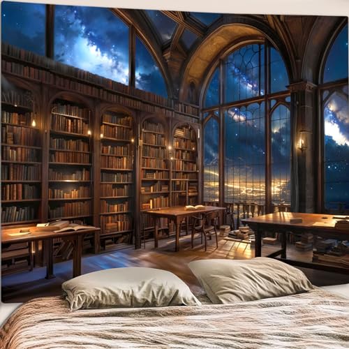 Accnicc Gothic Library Tapestry Vintage Medieval Bookshelf Tapestries Wall Hanging Fantasy Space Academia Book Large Tapestry for Bedroom Living Room Dorm Classroom 80 x 60 inch - color: Brown Blue, size: 80"L x 60"W