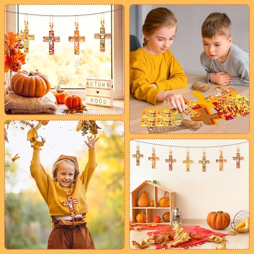BeYumi Fall Cross Necklace Craft - 28Pcs Fall Religious Cross Necklace Craft Kit for Kids DIY Sticker and Beads Ornament Autumn Thanksgiving Decor Sunday School Classroom Party Christian Favors - style: Fall