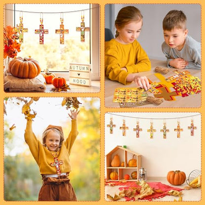 BeYumi Fall Cross Necklace Craft - 28Pcs Fall Religious Cross Necklace Craft Kit for Kids DIY Sticker and Beads Ornament Autumn Thanksgiving Decor Sunday School Classroom Party Christian Favors - style: Fall